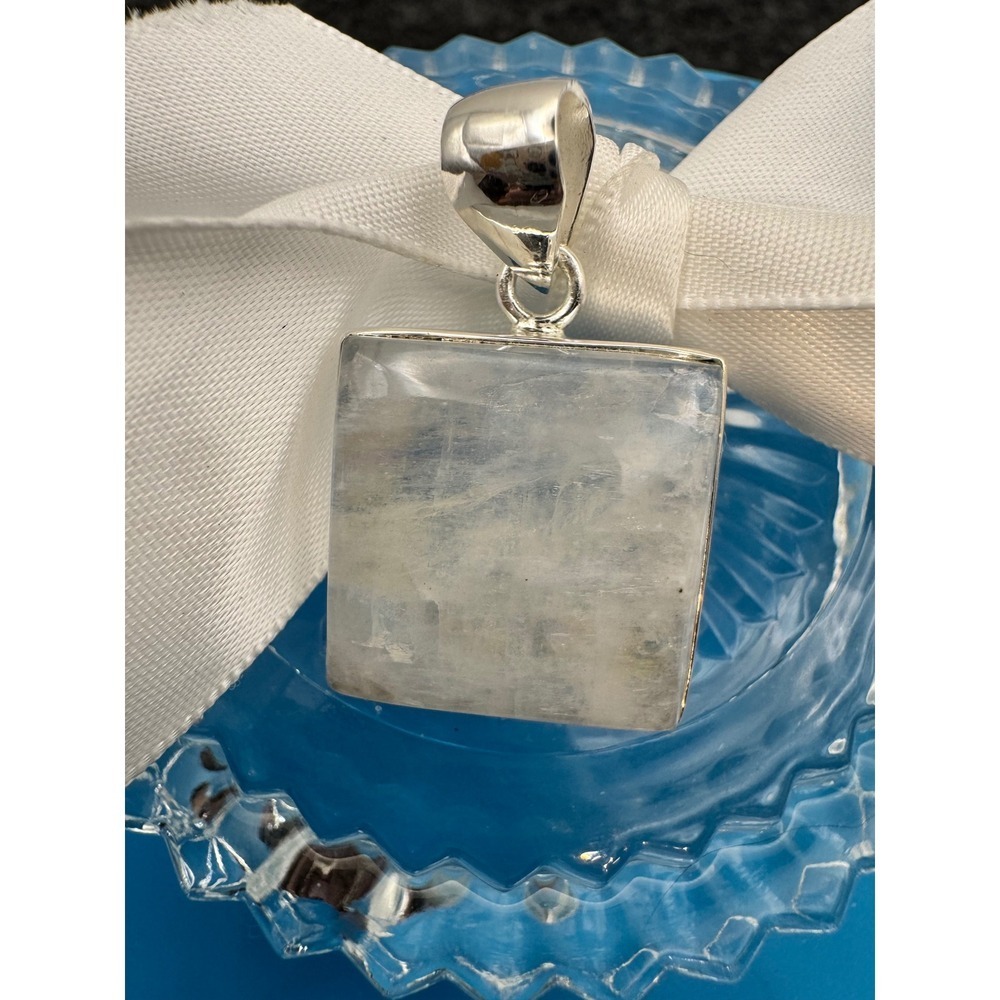 Rainbow Moonstone Pendant  Sterling Silver Square Cabochon India Blue Flash